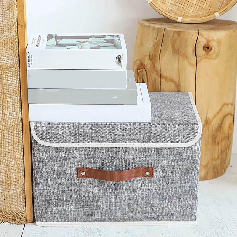 

3 Pack Storage Boxes with Lids,Collapsible Linen Fabric Storage Basket Bins for Towels,Books,Toys,Clothes