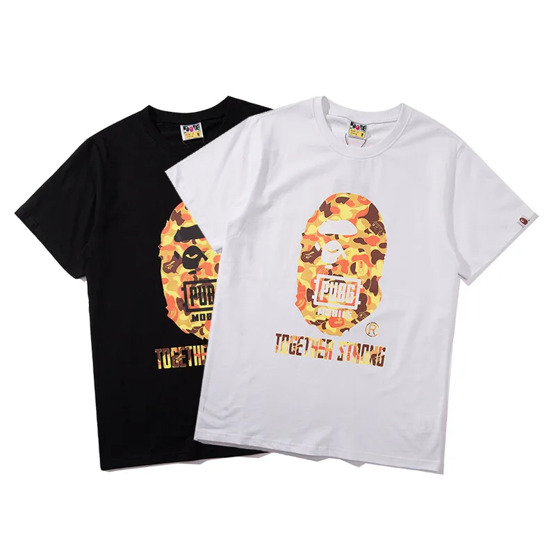 Bape мужская футболка японского модного бренда Акула с коротким рукавом 100% Чистый