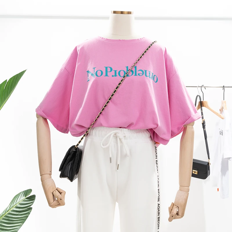 

2021 Summer Korean Ins New Loose Stylish Ladies Top Tee Simple Letter Print Cotton Short Sleeve T-shirt Fashion Base Shirt