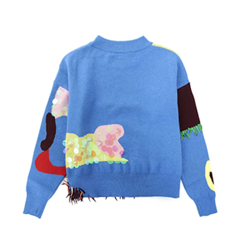 New Autumn Winter Women Sweaters And Pullovers Knitted Appliques Beading Embroidery O Neck Jumpers Female Outfits Sky Blue | Женская