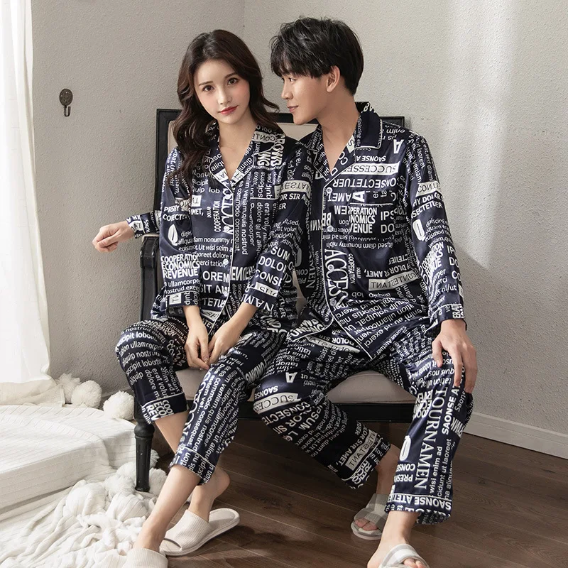 

Men & Women Soft Home Clothing Satin Luxury Couple Pajama Suit New Print Pajamas Sets Casual 2PCS Sleepwear Lover Sleep Set