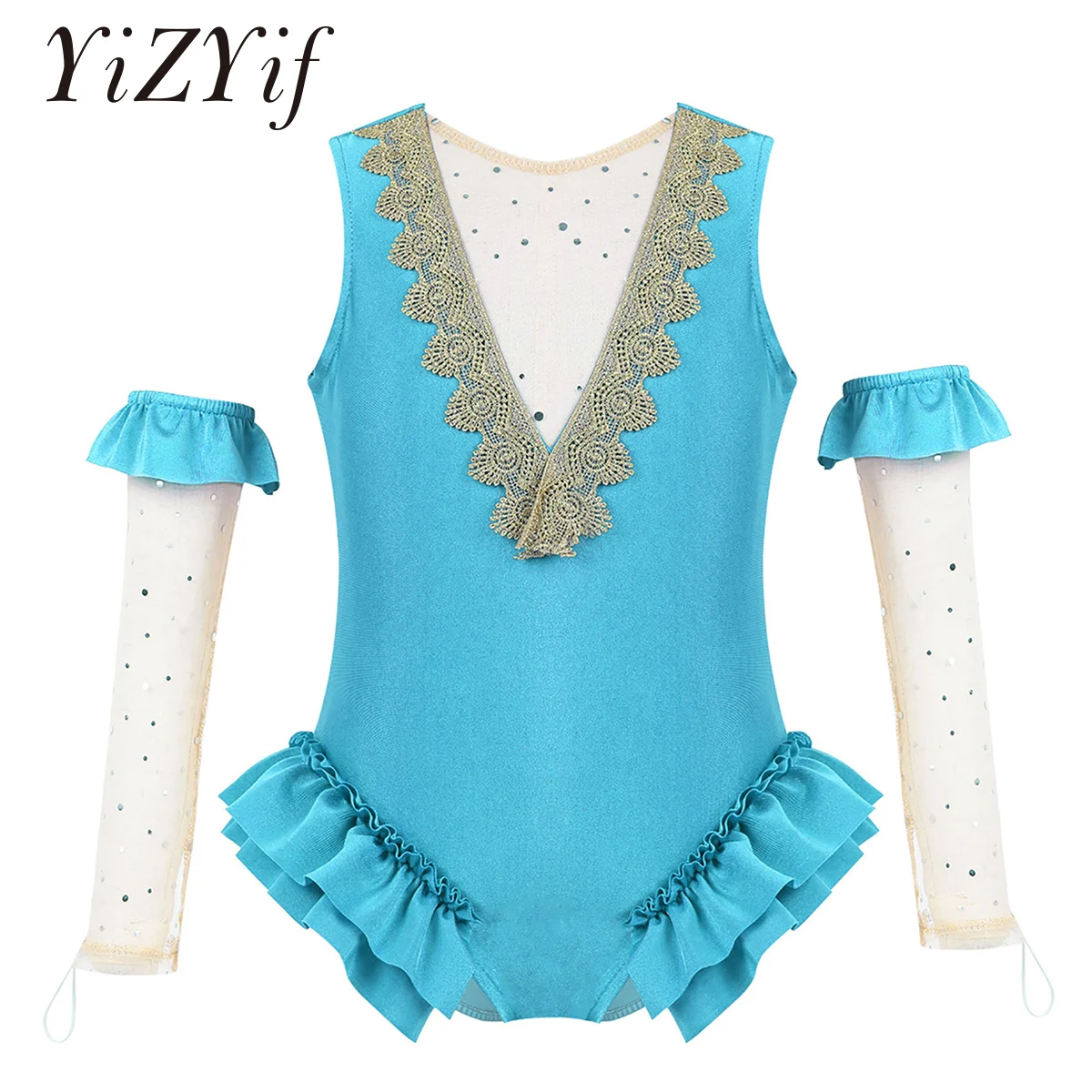 Kids Girls Showman Leotard Role Play Fancy Party Cosplay Costumes Ballerina Tutu Performance Dress Mesh Leotard with Arm Sleeves