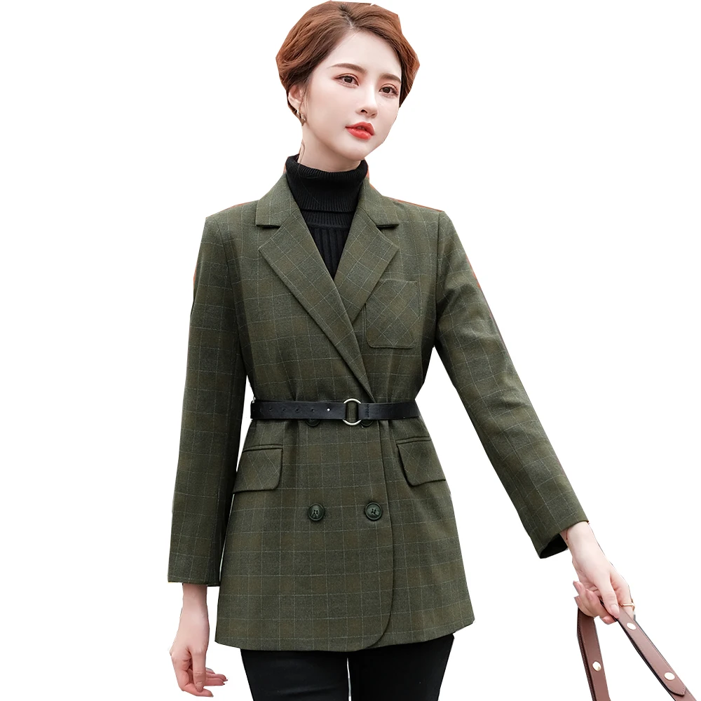 Женский двубортный блейзер в клетку темно зеленый и коричневый пиджак Корейском