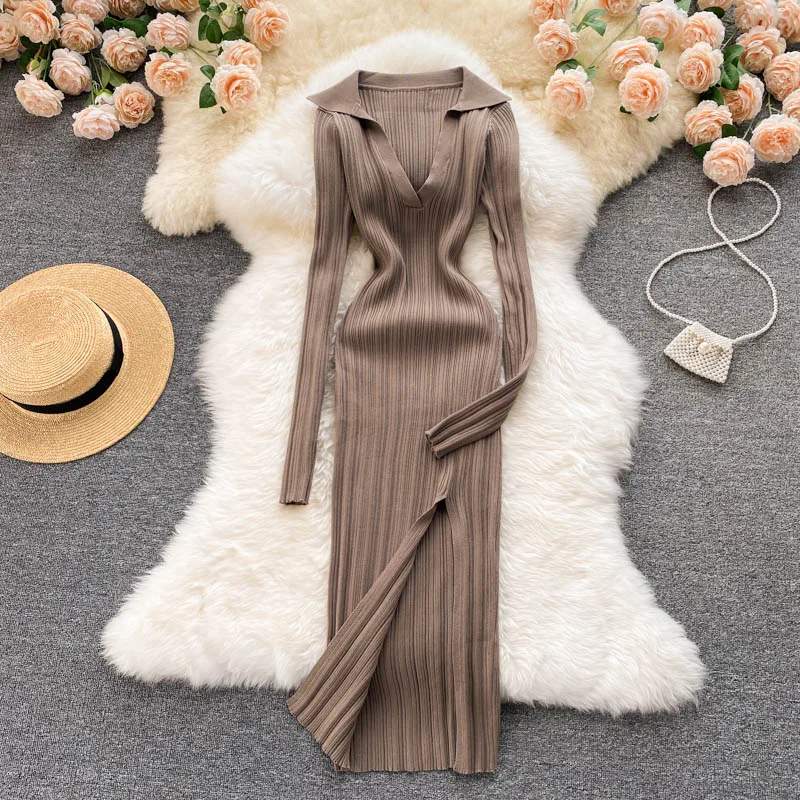 

Sexy Dress Women Solid Bodycon Long Sleeve Autumn Winter Midi Sweater Dresses V-neck Knitting Stretch Retro High Waist Vestido