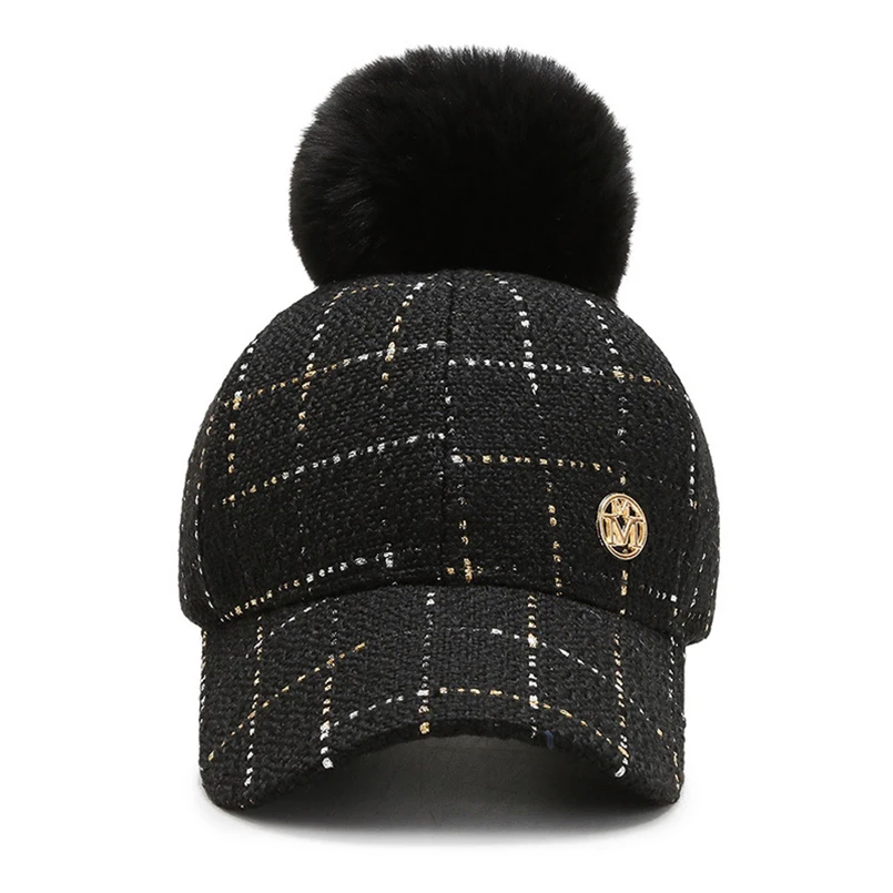 2021 New Women Pom Pom Cap Baseball Hat Plaid Hat Hair Ball Cap for Women Fashion Hipster Hat Luxury Snapback Hats Baseball Caps