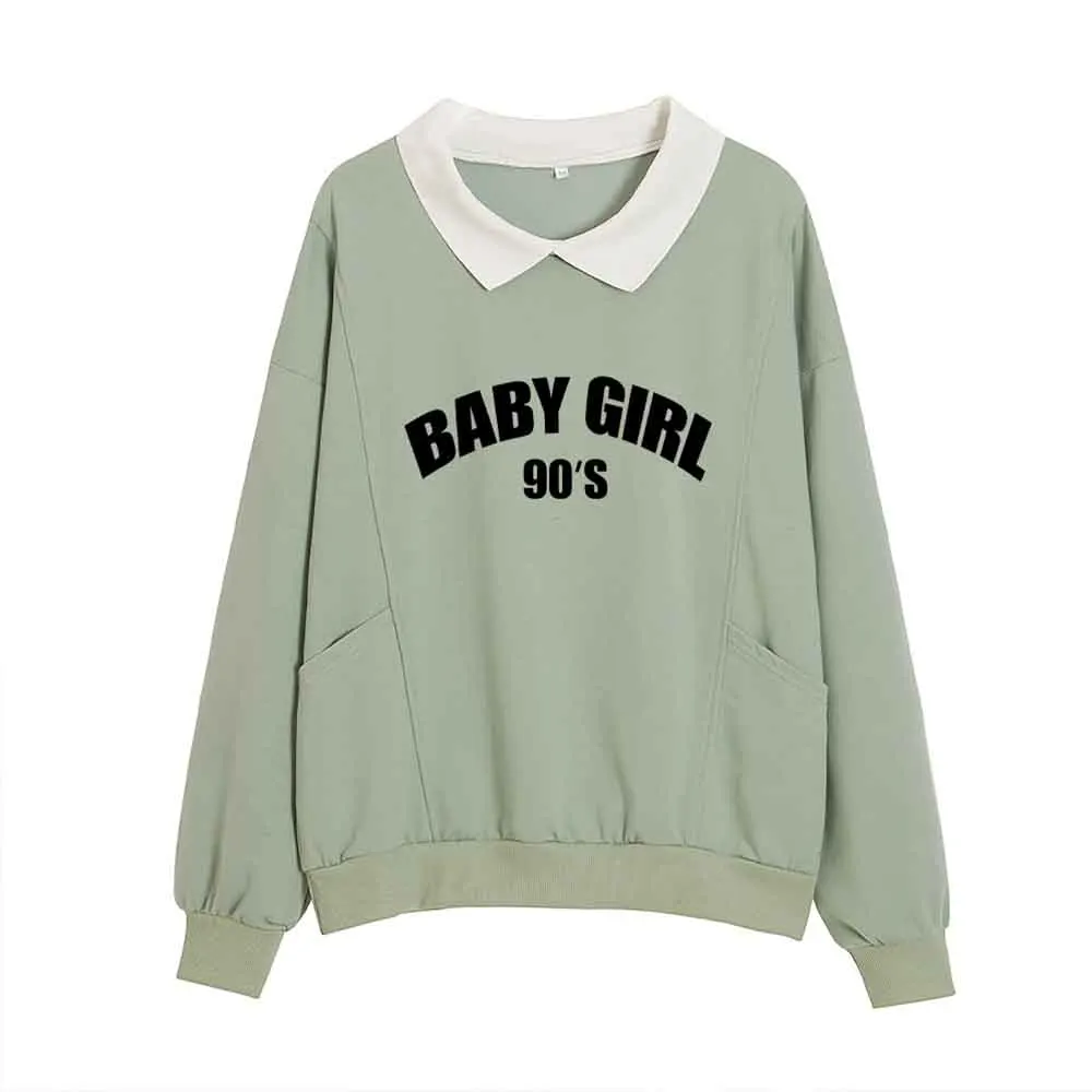 

Collar Sweatshirt Green Hoodie Cute Long Sleeve Pullover Letter Print 90s Clothes Vintage Spring Autumn Kawaii Sweatshirt