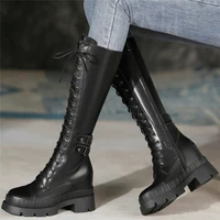 thigh high winter creepers women lace up genuine leather high heel motorcycle boots female round toe platform pumps casual shoes