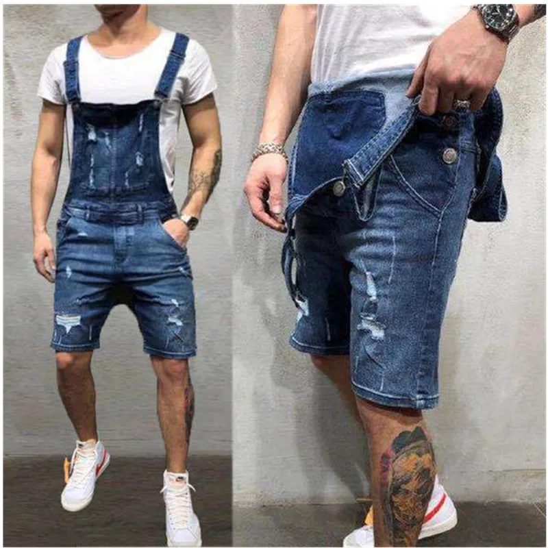 Men's Denim Ripped Overalls Washed Tight Trousers