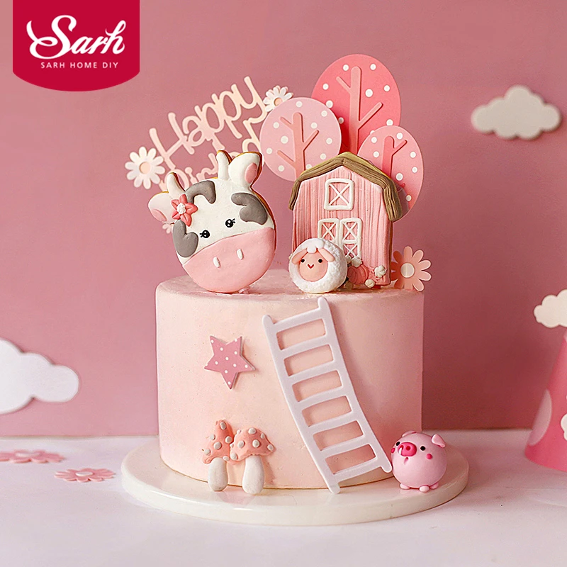 Розовые топперы для торта с коровьим деревом на ферму детского дня рождения