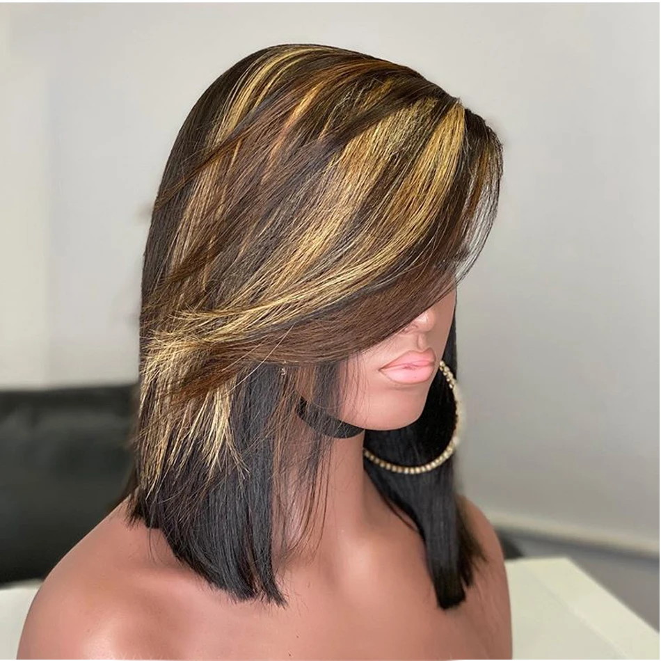 

Short Bob Ombre Blonde Highlight Brazilian Straight Lace Front Wig For Black Women Babyhair Glueless Human Hair Preplucked Remy
