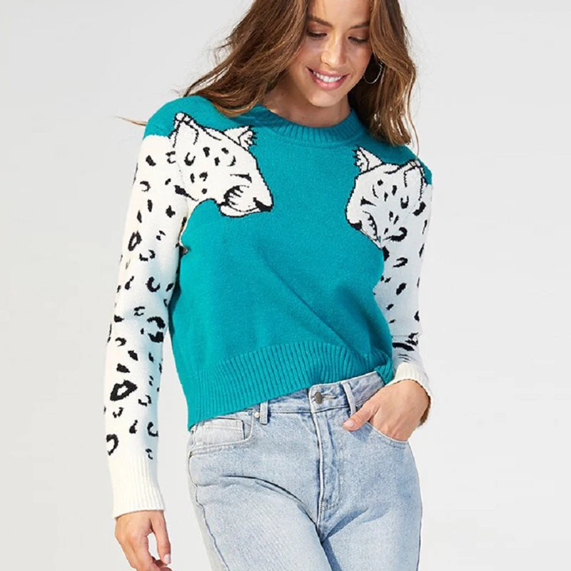 

Leopard Pattern Knitted Women Sweater Round Collar Casual Autumn Clothes Long Sleeve Pullover Jerseys Mujer Moda 2020