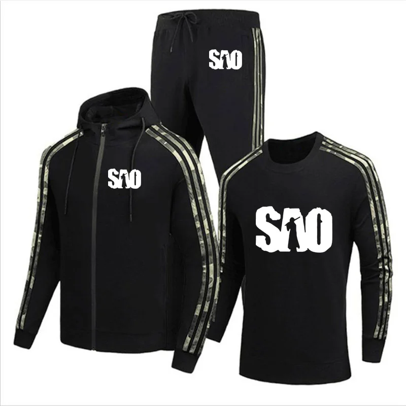 

Мужская хлопковая куртка на молнии, повседневный костюм из трех предметов с принтом из аниме «мастера меча онлайн», жакет + свитер + брюки, ве...