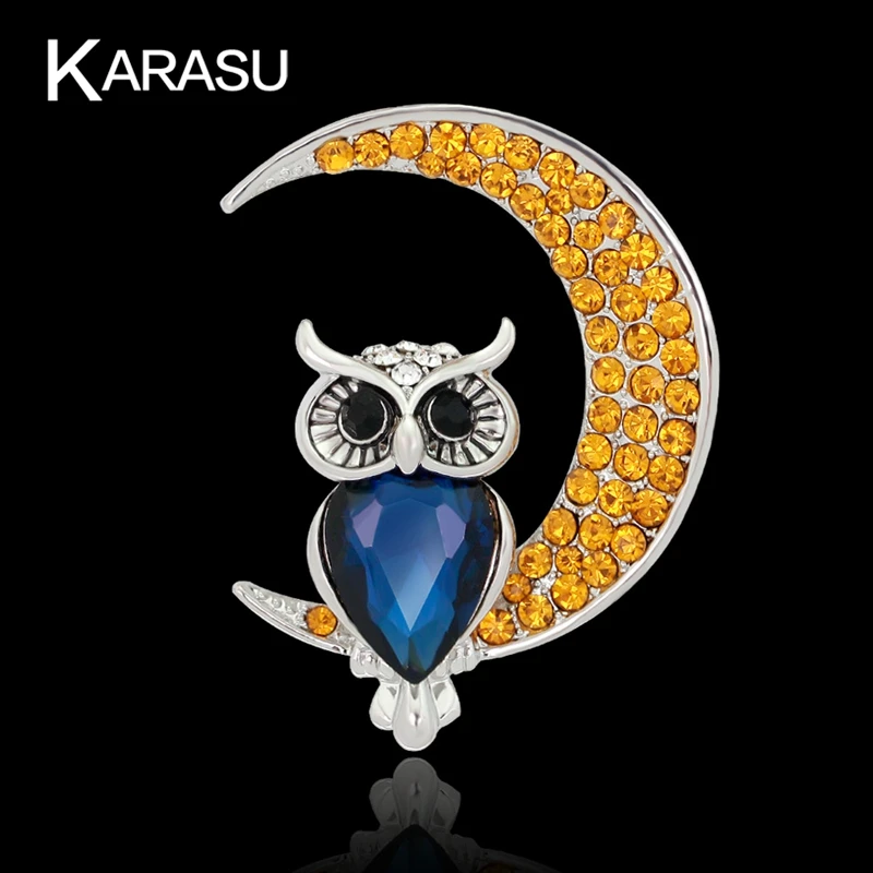 Желтая брошь в виде совы и Луны Стразы золотого цвета роскошные ювелирные