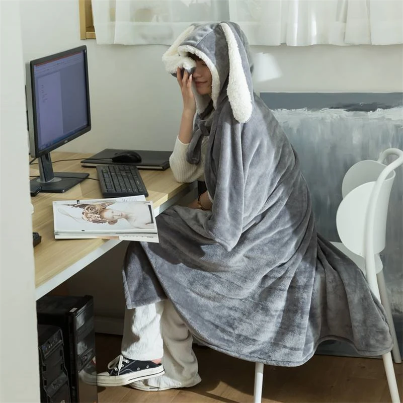 Бархатная накидка с капюшоном из овечьей шерсти милыми кроличьими ушками одеяло