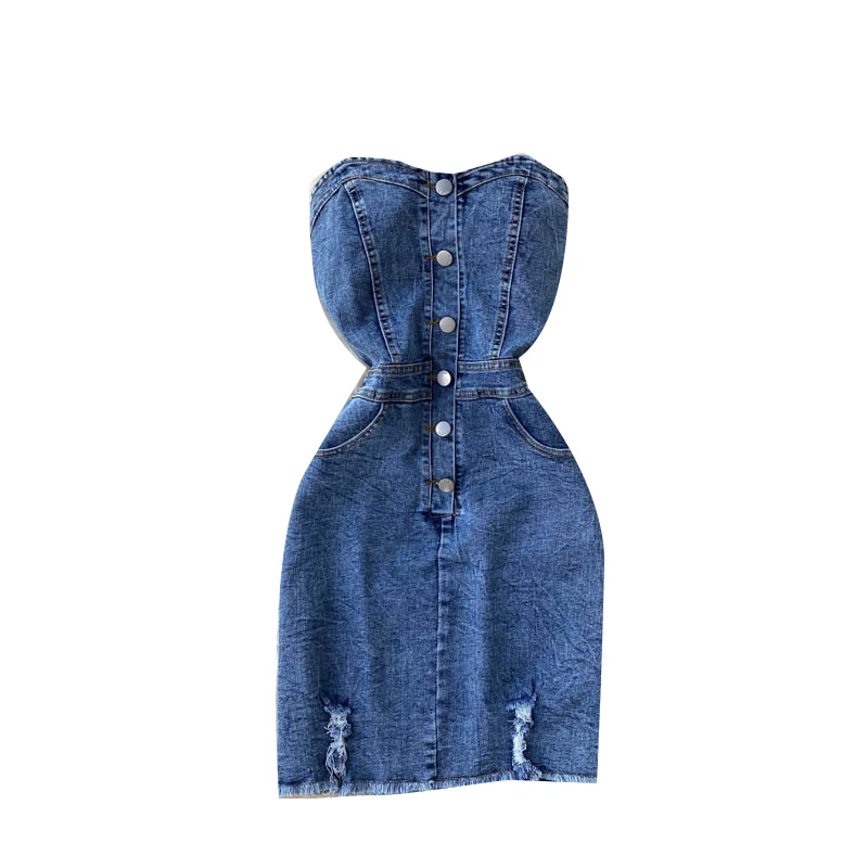 

Women Retro Strapless Denim Dress Sexy Sleeveless Backless Slim Hole Dresses Summer Korean Off Shoulder Mini Sundress