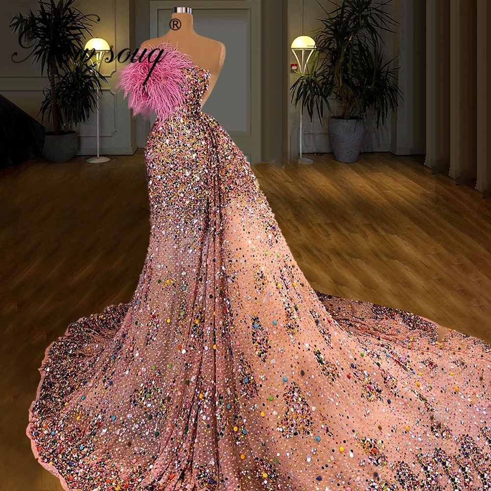 

Full Beading Evening Dresses Gorgeous Dubai Sweep Train Prom Dress Feathers Robe De Soiree Middle East Celebrity Party Dress