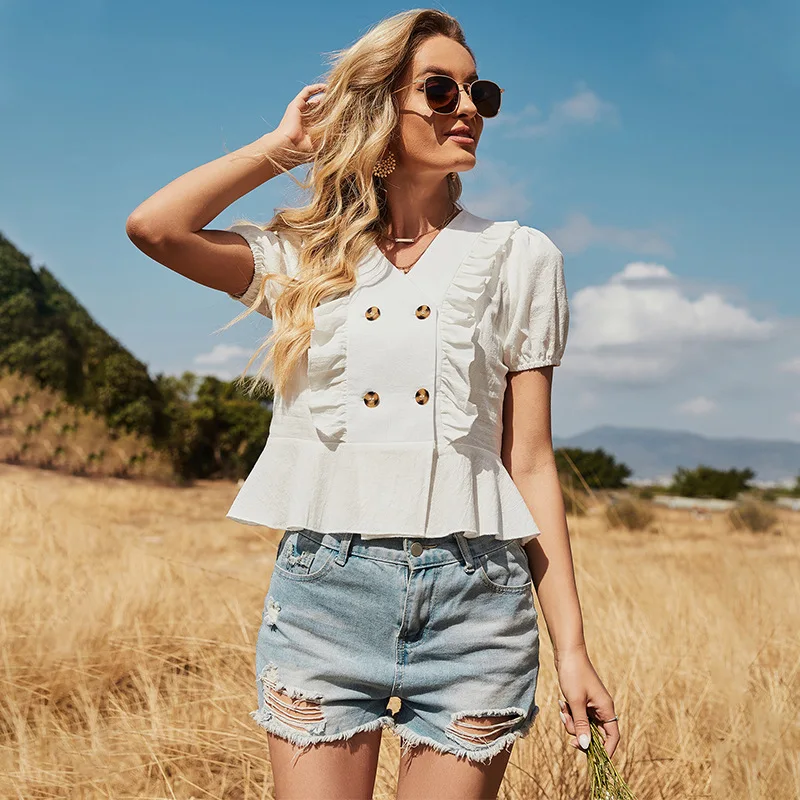 

GypsyLady Chiffon White Blouse Shirt Trim Casual Summer Blouse Puff Sleeve Ruffles V-neck Sheer Sexy Blouse Women Chic Top 2021