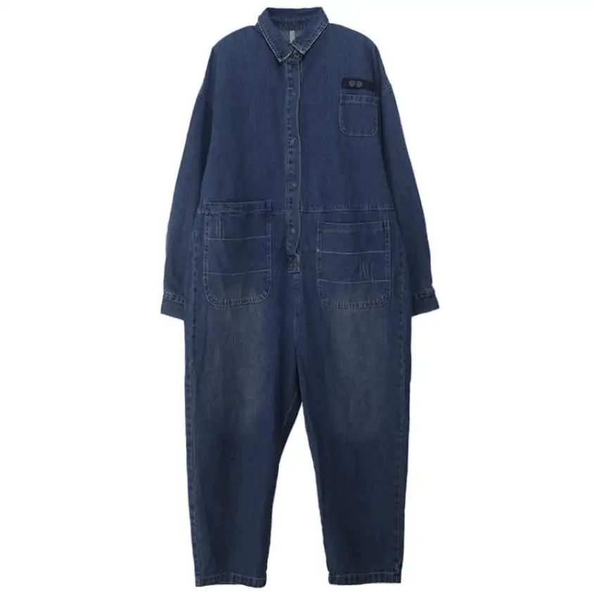 Женский джинсовый комбинезон с поясом весенний длинным рукавом и принтом звезд