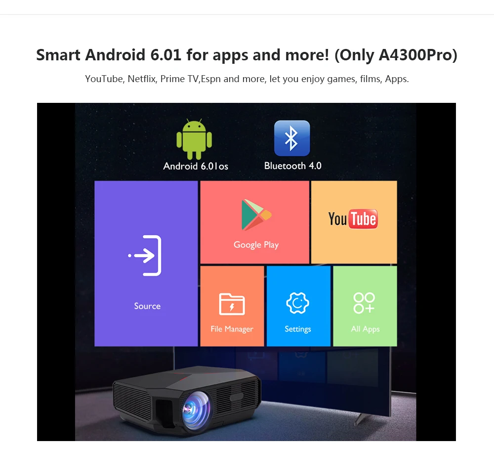 Светодиодный проектор с поддержкой 4K HD 720P Android 6 01 Wi-Fi Умный домашний кинотеатр A4300