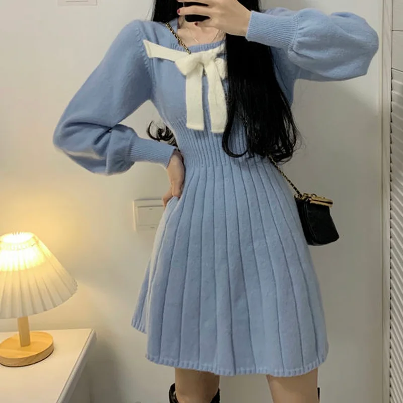 

Knitted Warm Dress Women Aurumn Winter Knit Vintage Square Collar Elegant Long Sleeve Short Dresses Korean Fashion 2021