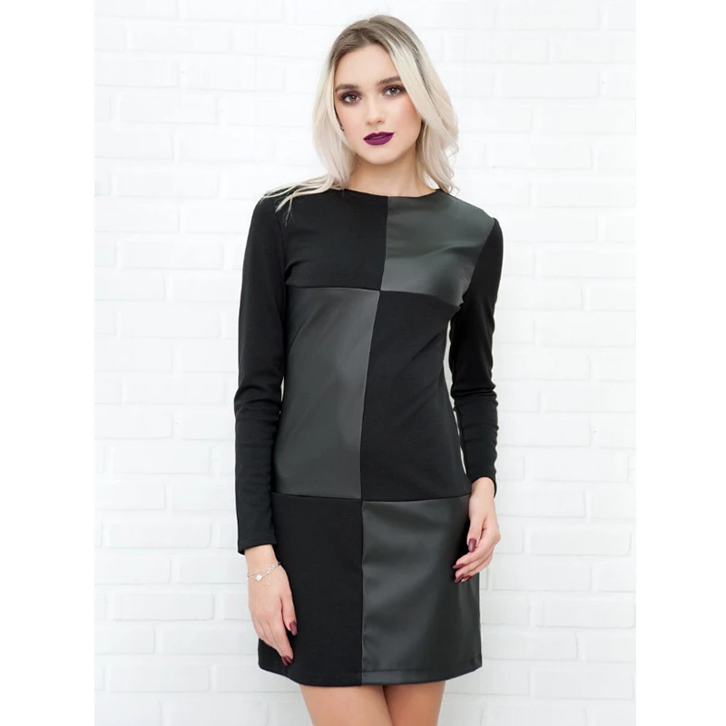 black-long sleeve Женское винтажное кожаное мини-платье в стиле пэчворк, офисное женское платье с длинным рукавом и круглым вырезом, однотонное Повседневное платье, осенне-зимнее элегантное платье - Цвет: black-long sleeve