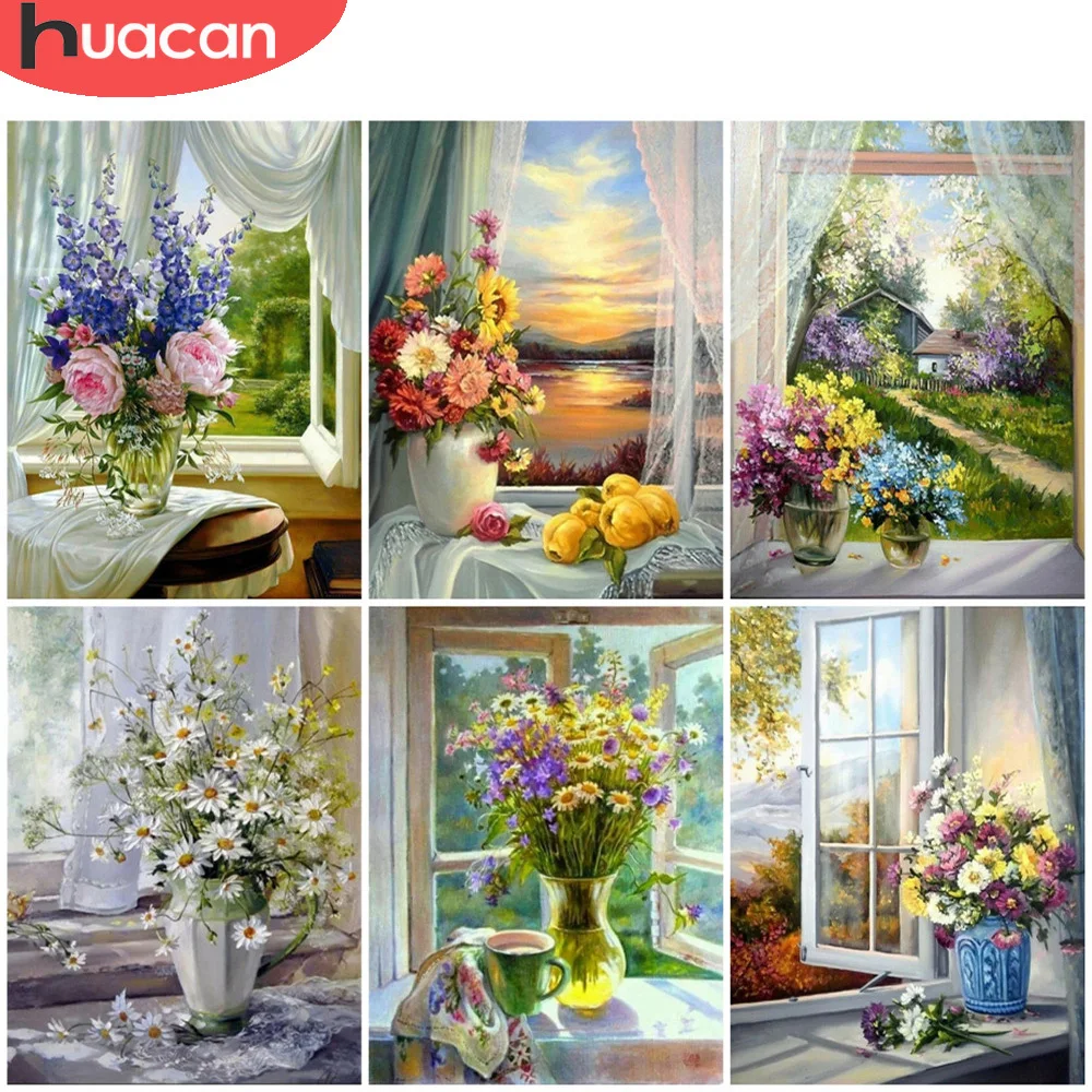 

HUACAN 5D Diy Diamond Painting Flowers Diamond Embroidery Window Scenery Mosaic Home Decoration Gift For Women