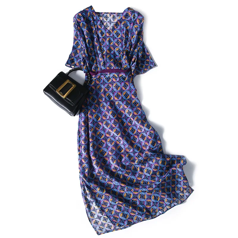 

Purple Floral Silk Dress Women's Mulberry Silk Temperament V-neck Slim Waist Short Sleeve A-line Skirt 2021 Women's New Style