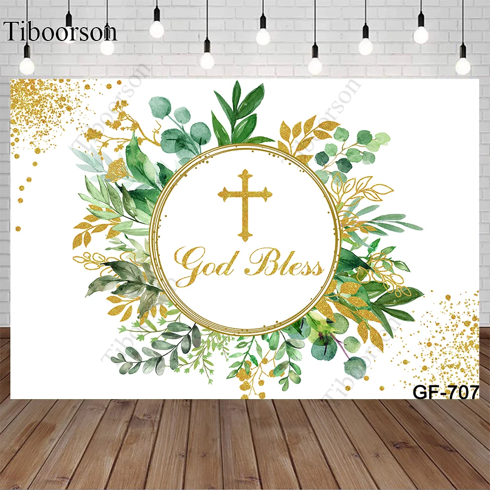 

God Bless Backdrops Newborn Child First Holy Communion Baptism Party Decor Green Leaf Gold Glitter Cross Birthday Background