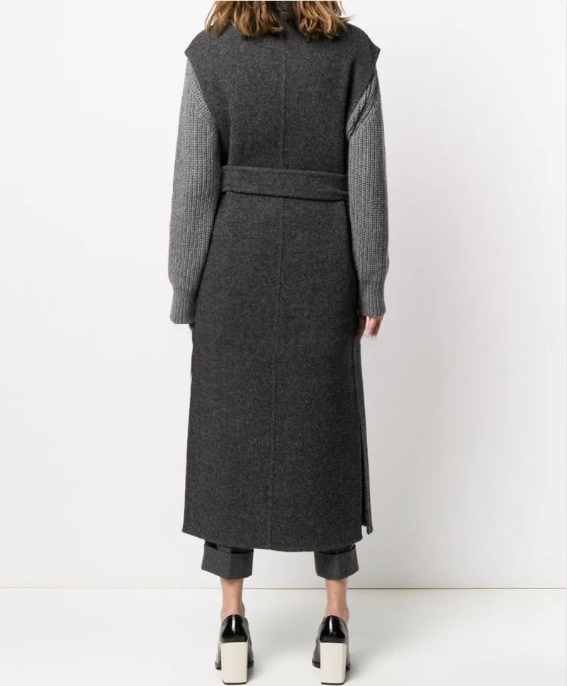 

turn-down collar all-match vest 2021 female gray open stitch adjustable waist long sleeveless coat autumn warm