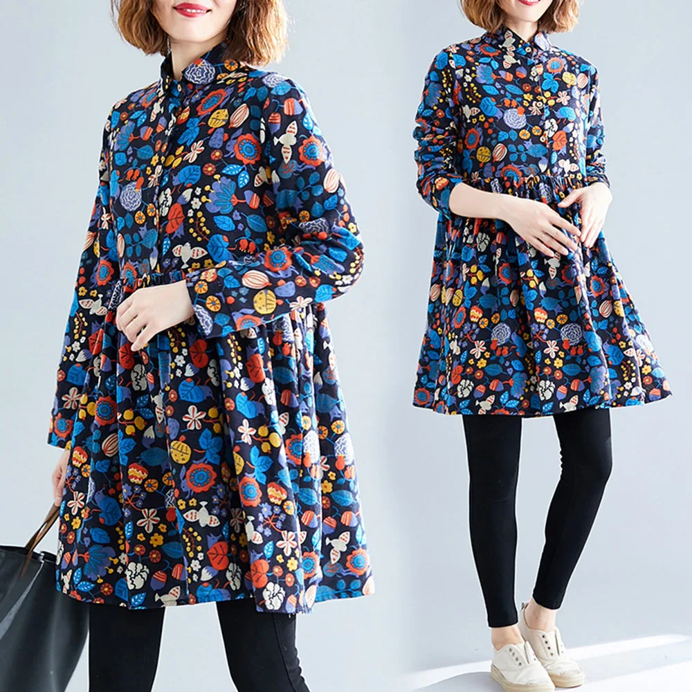 

Women Autumn Print Dress Vintage Fashion Turn-Down Collar Literary Style Comfortable Loose Casual Oversize 2XL Dress