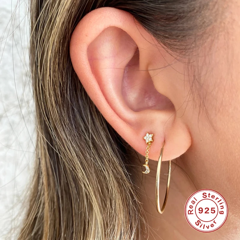 

1Pair Hoop Earrings Personality 925 Sterling Silver Moon Star Chain Earrings For Women Korean Dangle Brincos Women's Jewelry