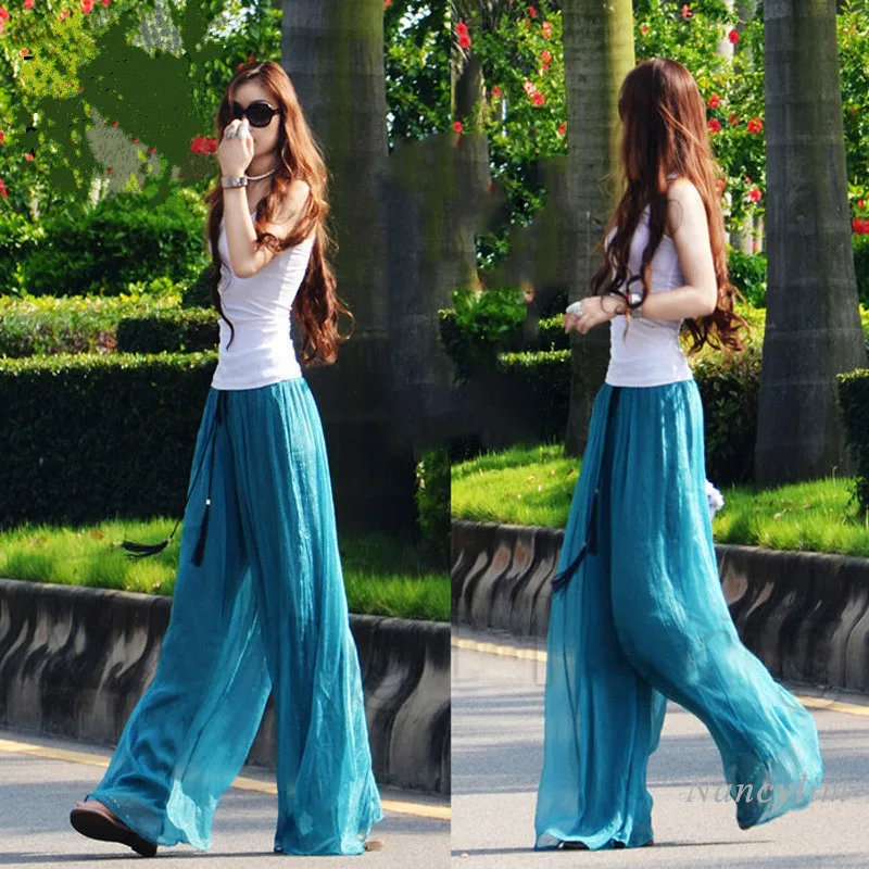 2021 Summer Loose Chiffon Wide-Leg Pants Women's Holiday Beach Vacation Trousers Solid Color Nancylim