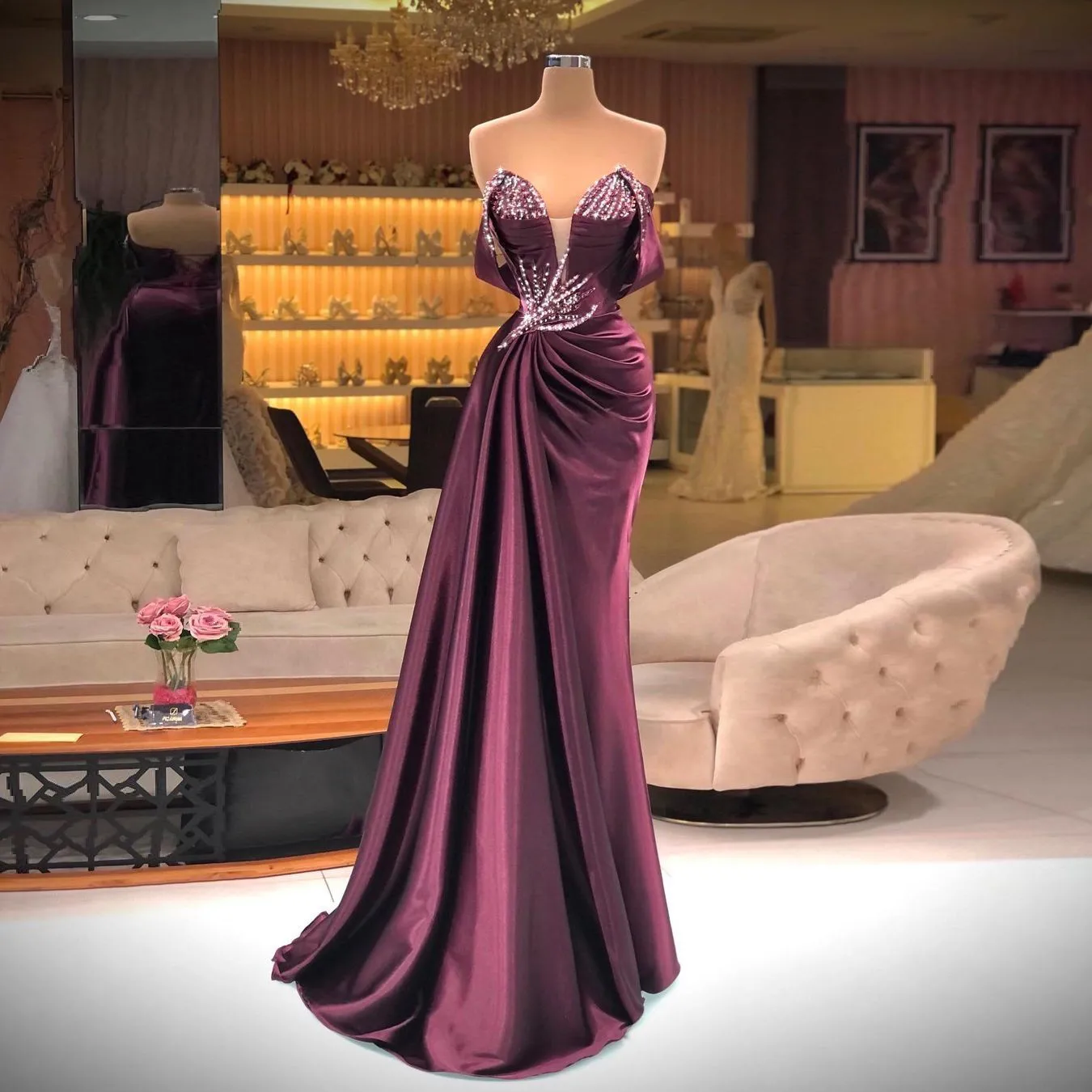 

Женское вечернее платье с юбкой-годе, элегантное плиссированное платье с открытыми плечами и бисером для выпускного вечера