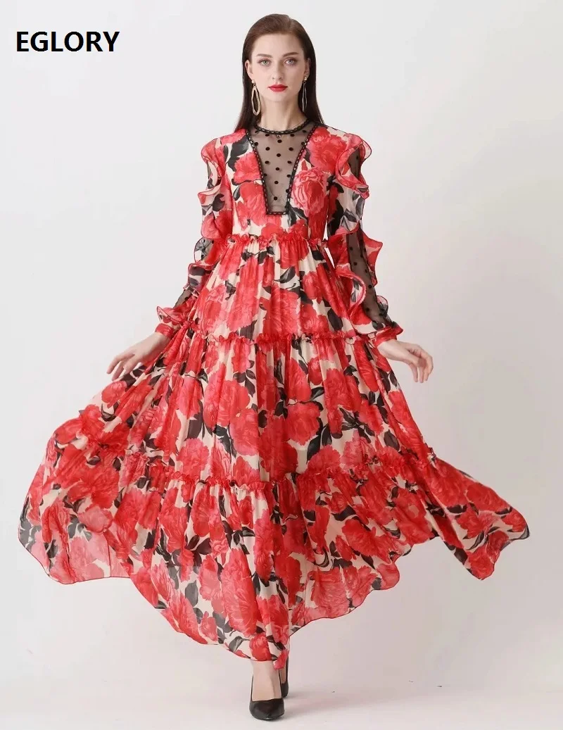 

Plus Size Clothing 2020 Summer Long Dress Women Sexy Sheer Polka Dot Print Red Flower Patterns Long Sleeve Floor-Length Dress