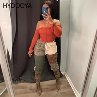 fashion plaid printed stitching straight pants for women high waist drawstring loose casual trouser hipster bell bottom leggings
