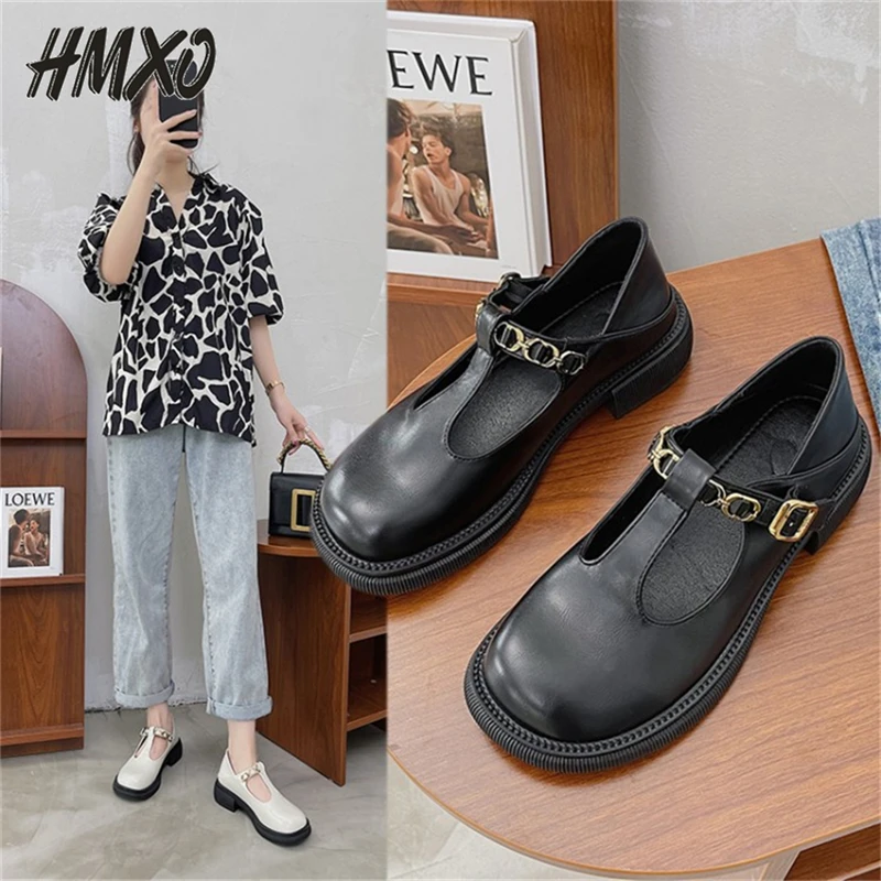 

HMXO All-match French Retro Round Toe Thick Heel Non-slip Women Shoes British Buckle Leather Shoes Female Mary Jane Flat Shoes