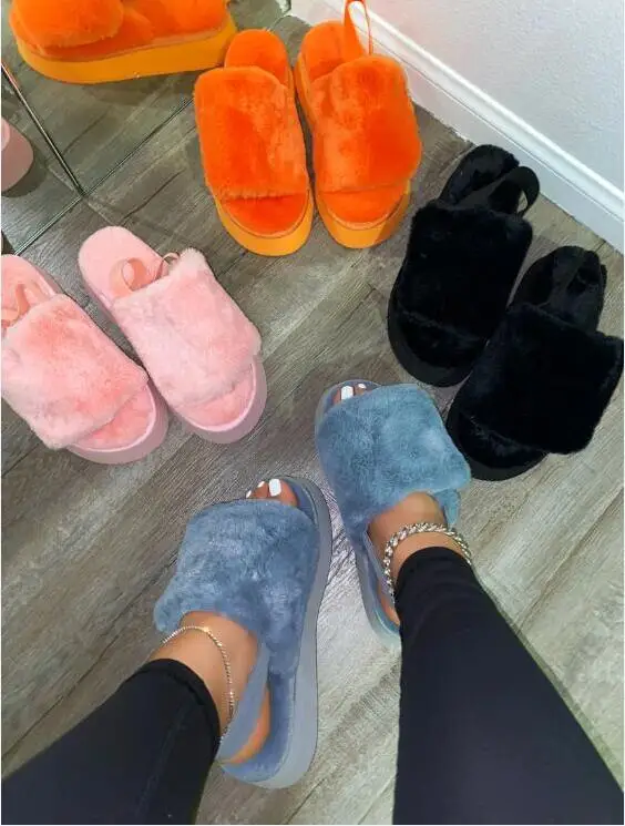 Hairy women 2021 new single layer wool home durable non-slip sandals thick-soled mid-heeled hairy shoes large size slippers | Обувь