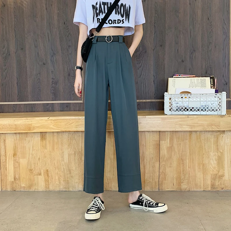 

Women Suit Pants Spring Office Lady Long Trousers 2021 New Autumn Solid Loose High Waist Pant With Belt Female B14312X