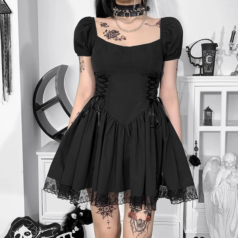 

Hirigin, готическое черное платье на шнуровке Y2K, винтажное кружевное лоскутное короткое платье с пышными рукавами, мини-платье в стиле панк, же...