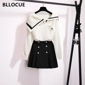 BLLOCUE осень-зима Новый стиль в студенческом стиле свободные верхняя одежда с отворотом, Пуловеры, свитеры + двубортный мини юбка, костюм комплект из 2 предметов