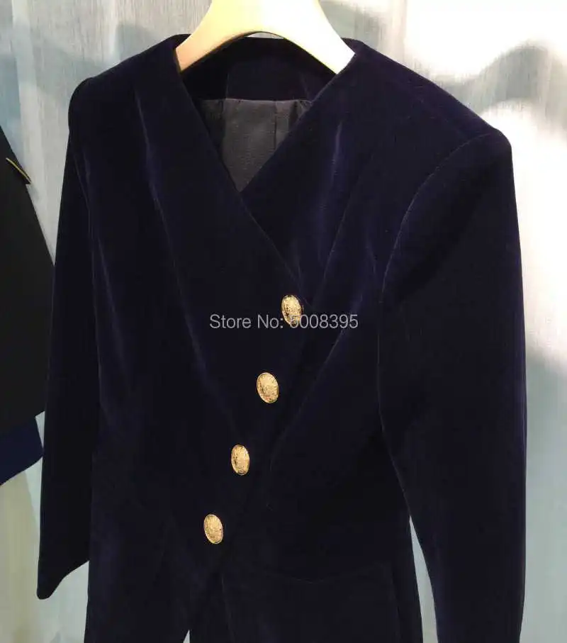 

TOP QUALITY BLACK NAVY VELVET BLAZER WRAP V-NECK SINGLE BREASTED GOLD BUTTON UP LONG SLEEVED FITTED TOP 2021