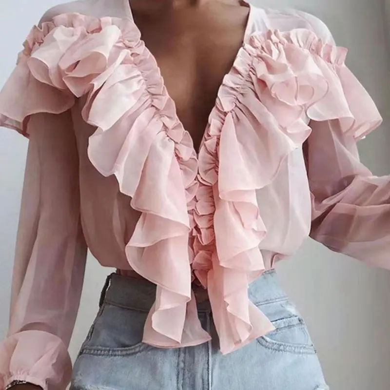Женская шифоновая блузка с рюшами летняя длинным рукавом и V-образным вырезом