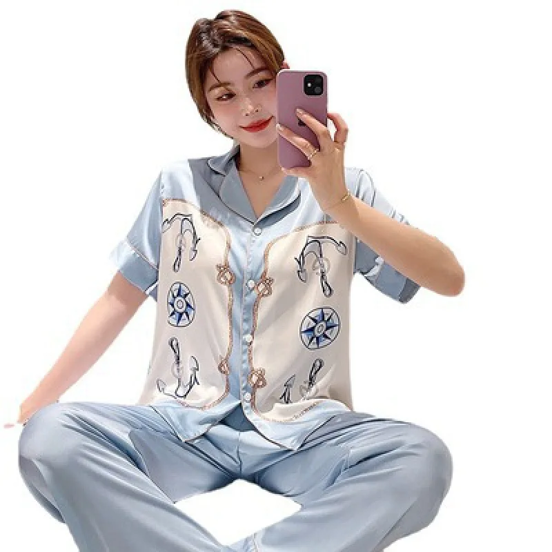 

New style ice silk pajamas women's irregular pattern pajamas simple sexy casual home service two-piece suit