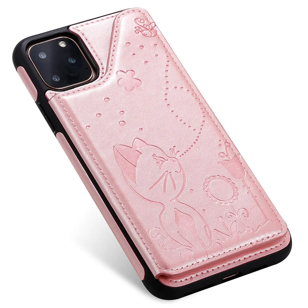 Кожаный чехол кошелек с кошками и пчелами для iPhone 11 Pro Max противоударный откидной