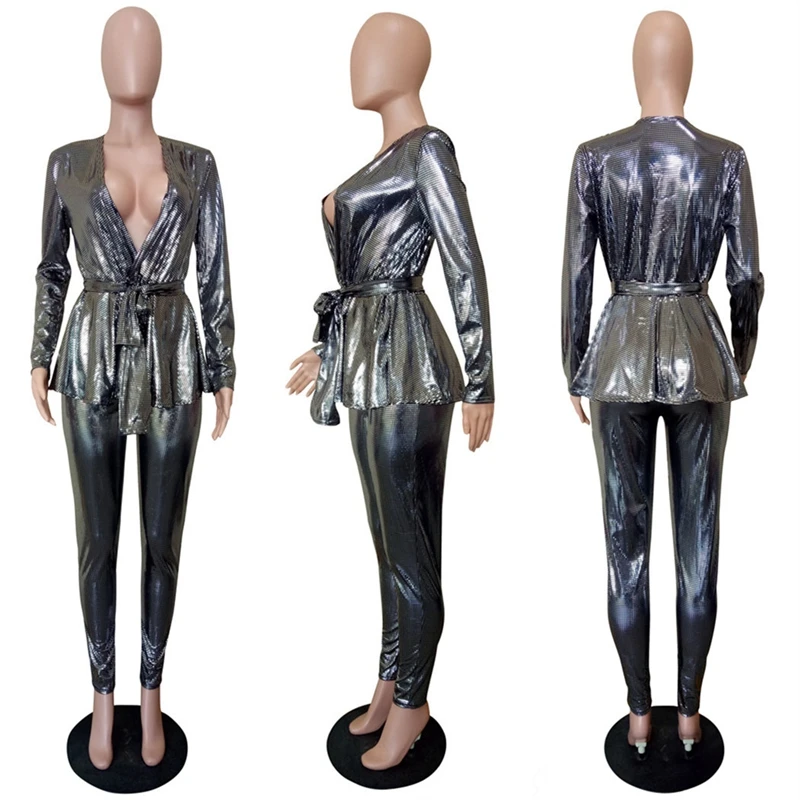

HAOYUAN Sexy Sequin Two Piece Set Fashion Clothes Top and Pant Bodycon Matching Suits Glitter Club Birthday Outfits for Women