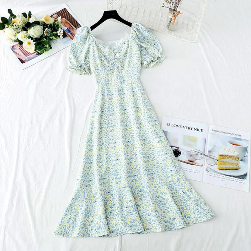 

2021 новые винтажные Цветочный принт летнее платье для женщин Элегантный квадратный вырез шифон вечерние платье с коротким рукавом платье ми...