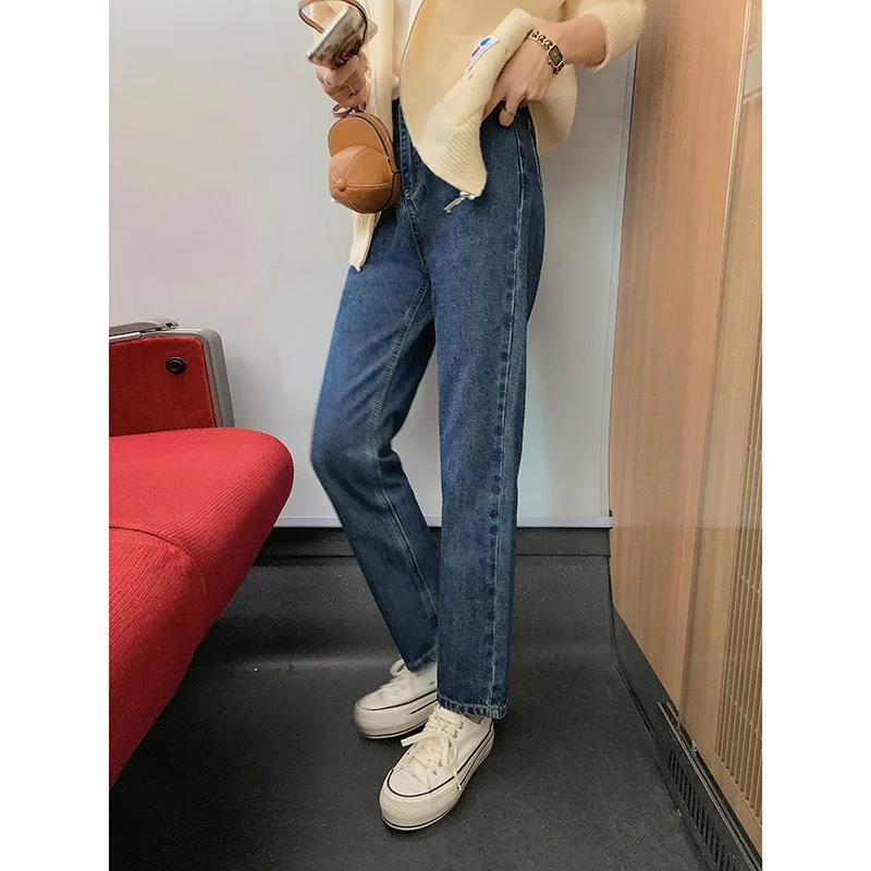

Джинсовые брюки, темно-синие прямые джинсы, женские весенне-осенние Узкие повседневные брюки с высокой талией