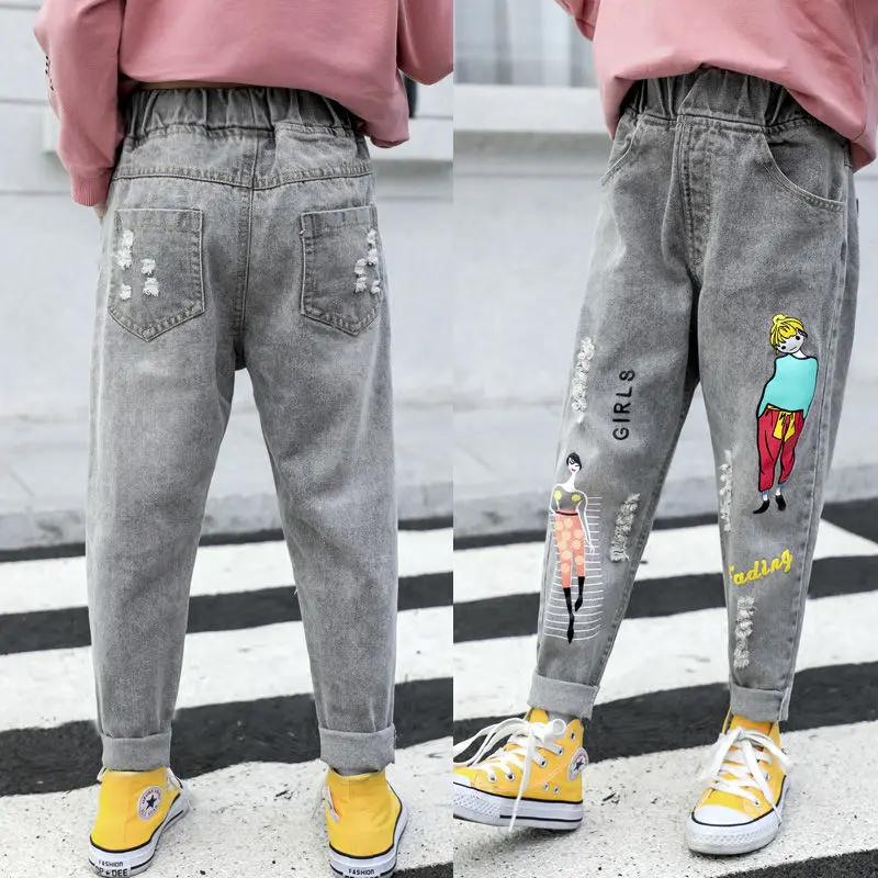 Детские джинсы для девочек рваные штаны с мультяшным рисунком джинсовые брюки
