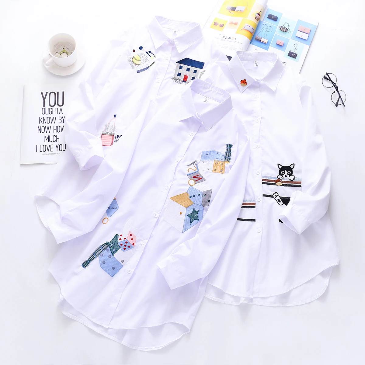 

2020 New Autumn Women Blouse Cute Cotton White Shirts Bottoming Long Sleeves Cartoon Ladies Casual Blouse Shirts Tops Blouses