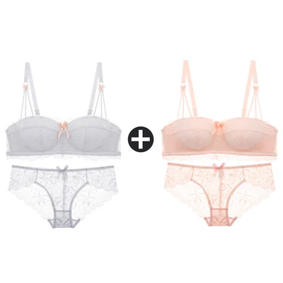 Pink And Grey Sets 2 шт., бюстгальтеры для женщин, маленькая грудь, беспроводной бюстгальтер, кружевной бесшовный бюстгальтер с эффектом пуш-ап и трусики, набор, половина чашки, сексуальные трусы, нижнее белье - Цвет: Pink And Grey Sets